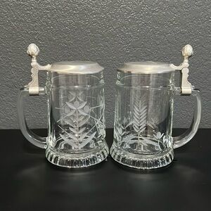 Pair of Vintage Crystal Etched Stein with Pewter Lid Beer Tankard